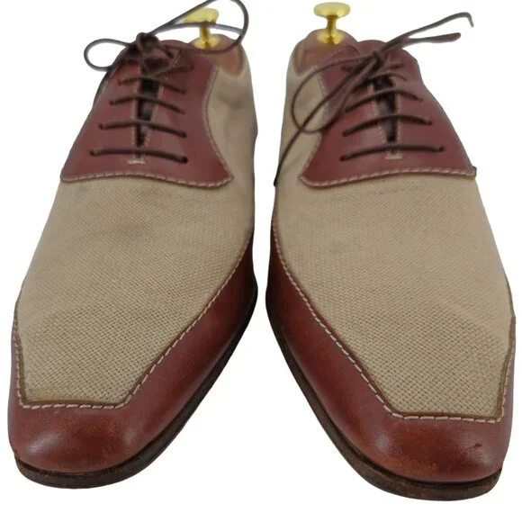 A. Testoni Italy Mens 9D Dress Shoes Beige Brown Canvas Leather Luxury Oxfords - Picture 9 of 11